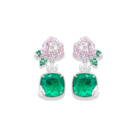 Exquisite new collection - "Emerald Enchantment" Micro-setting Emerald color Lab created stones artistic Camellia earrings, sterling silver