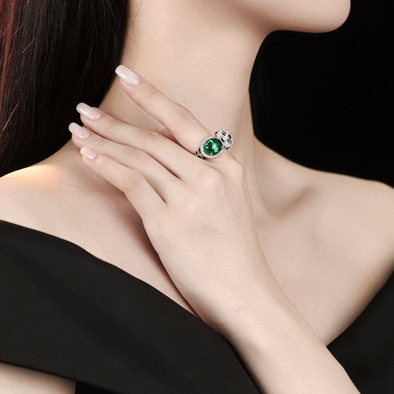 Jaguar selection, featuring stunning artificial emerald and Diamonds color Lab created stones open ring. sterling silver