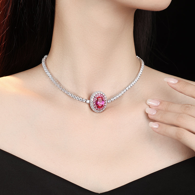 Micro-setting dark oval Pink diamond color Lab created stones Romantic Luxury Tennis chain collar necklace, sterling silver