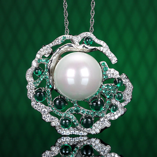 Micro-setting emerald color Lab created stones the Shining shell pearl multi-purpose brooch and pendant, sterling silver