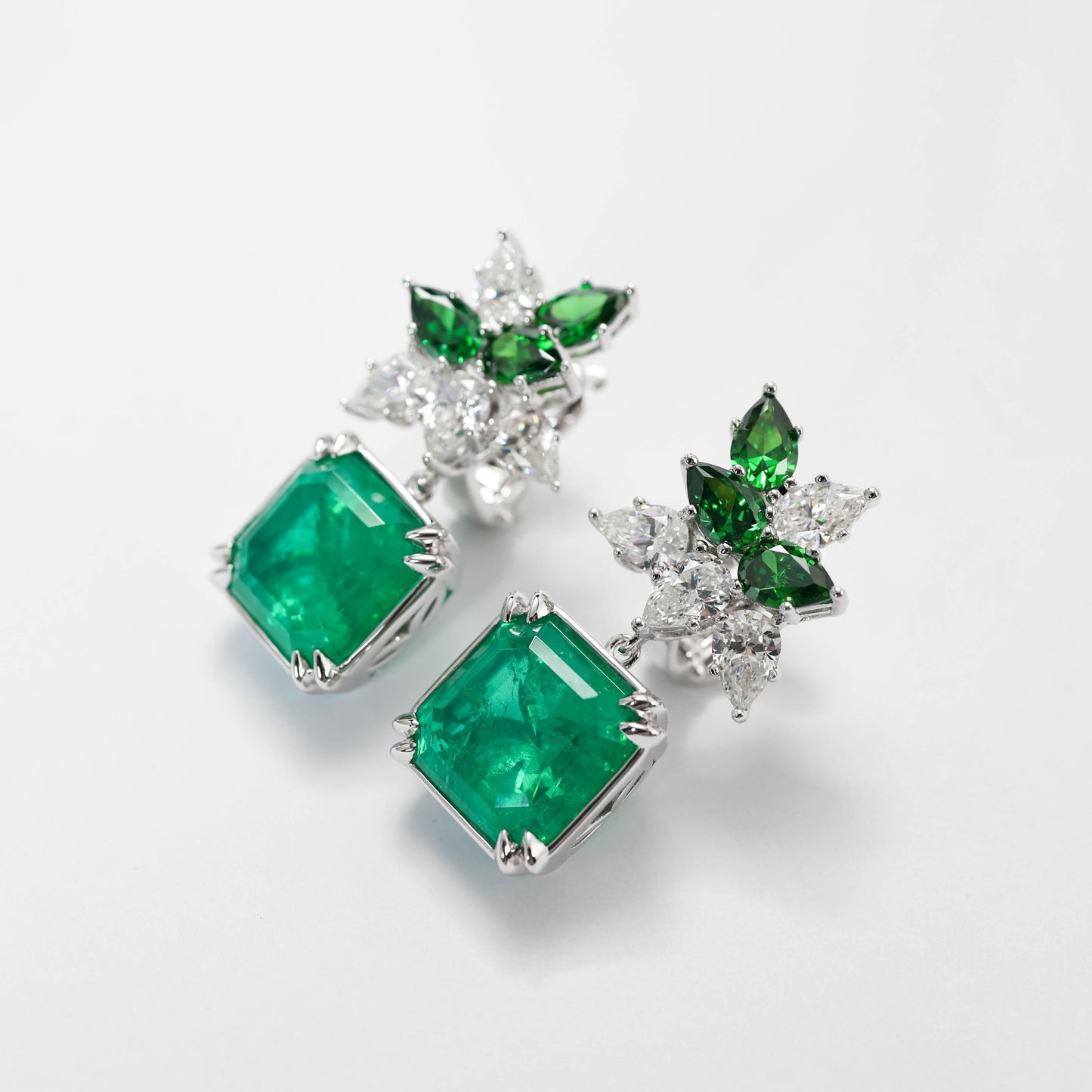 Micro-setting emerald color Lab created stones Artistic fantasy earrings, sterling silver