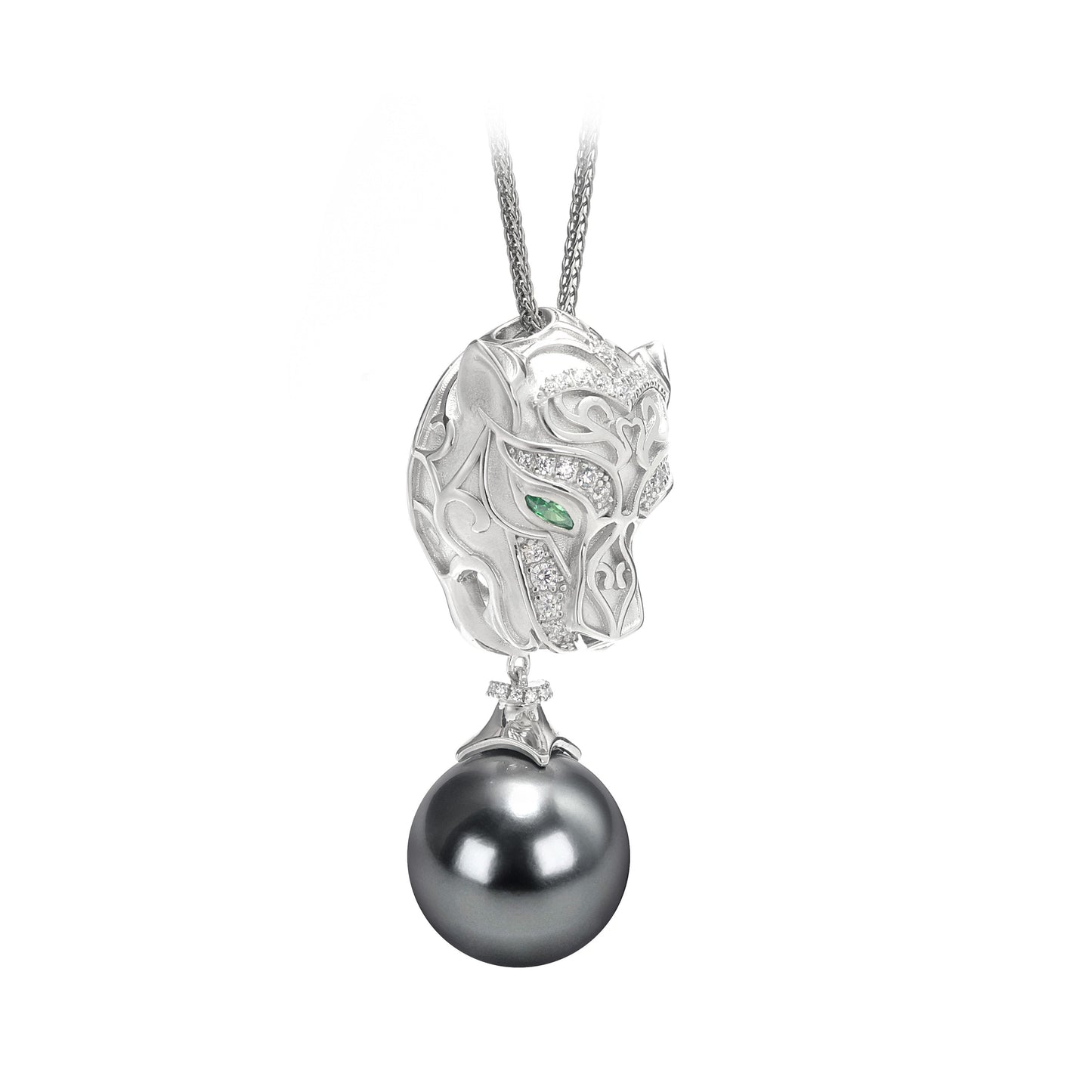 Micro-setting Lab created stones and grey shell pearl the Silver moon leopard necklace, sterling silver