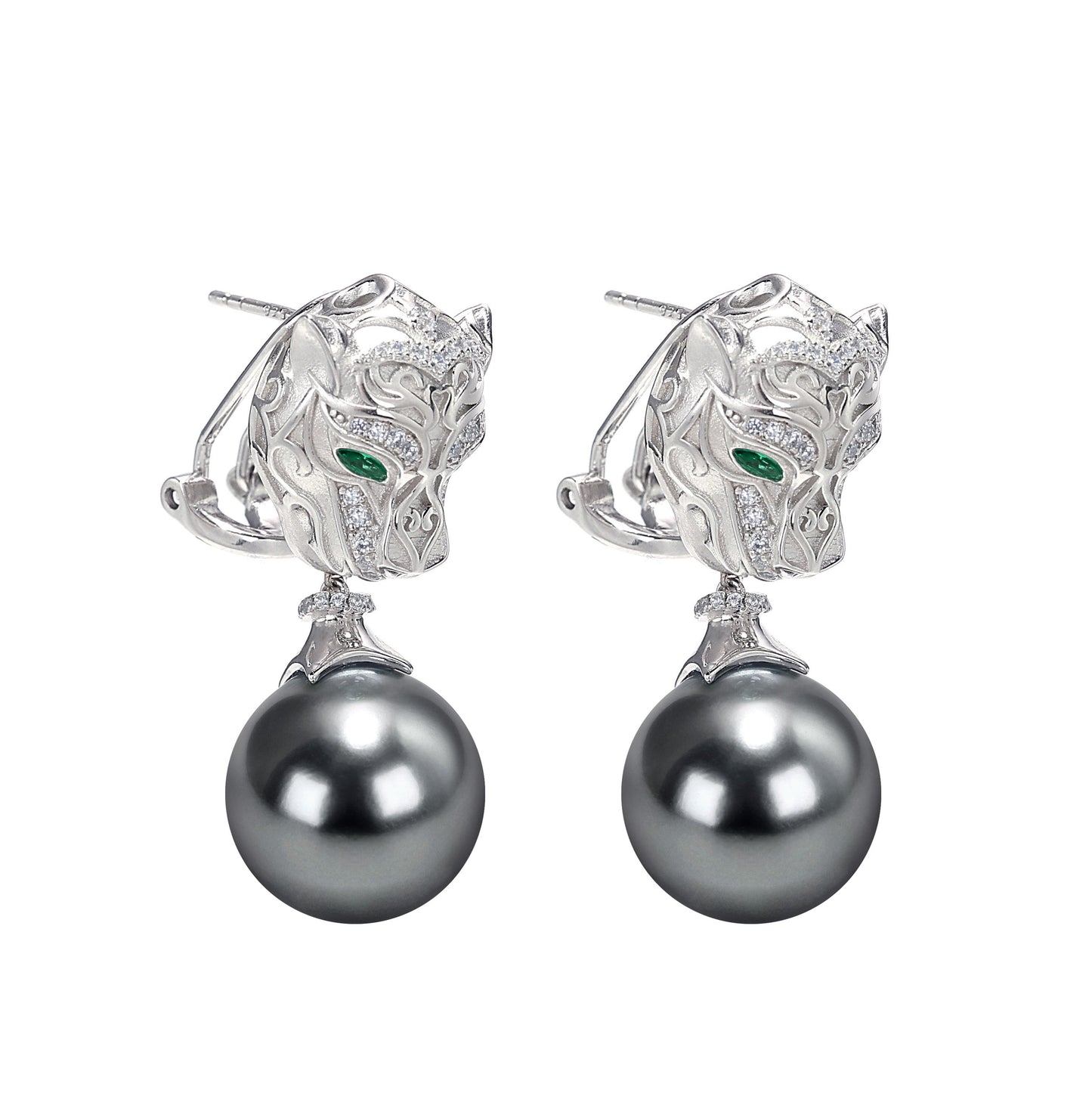 Micro-setting Lab created stones and grey shell pearl the Silver moon leopard earrings, sterling silver