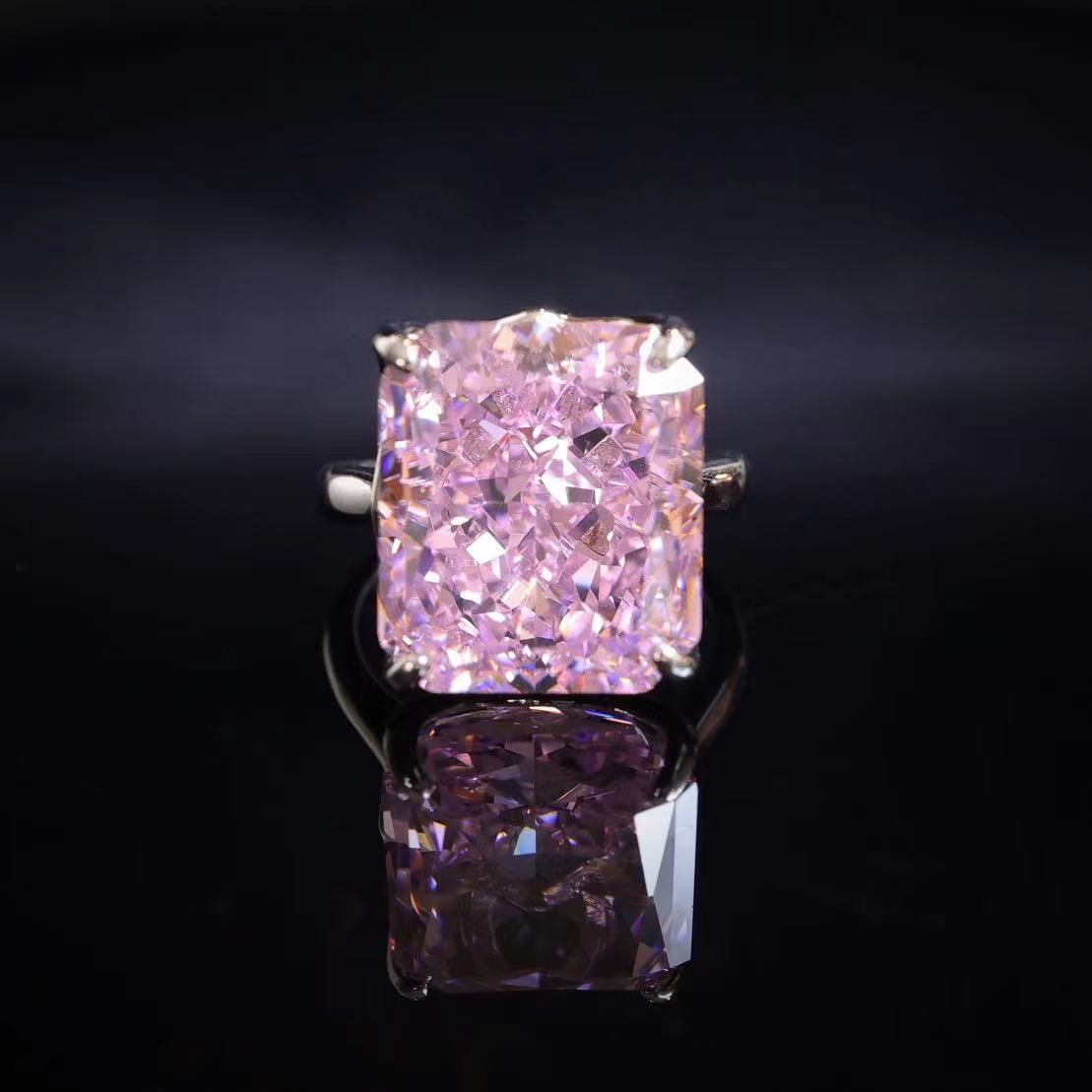 Special offer Rectangular shape Sakura pink diamond color Lab created stone ring, sterling silver. 15 carat