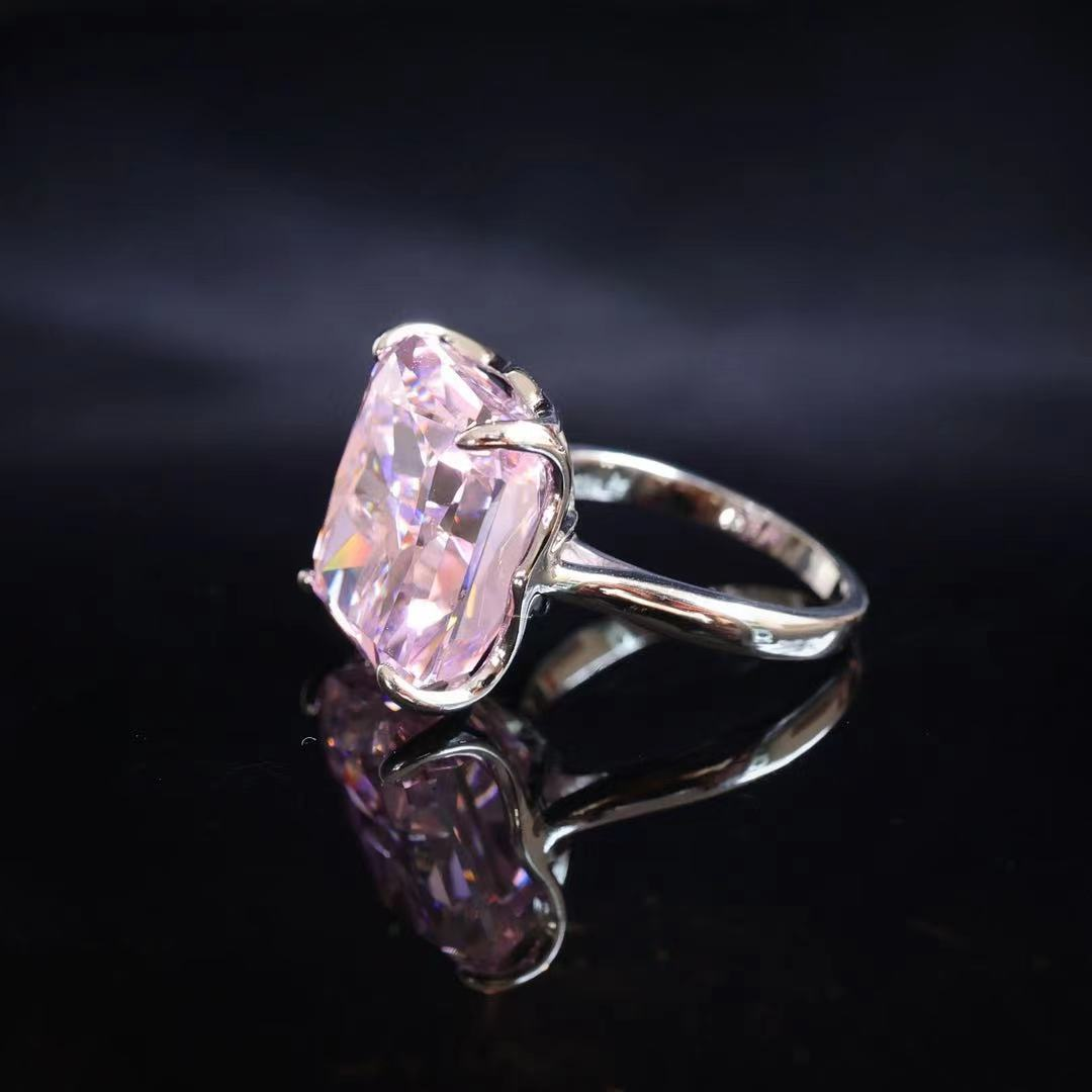 Special offer Rectangular shape Sakura pink diamond color Lab created stone ring, sterling silver. 15 carat