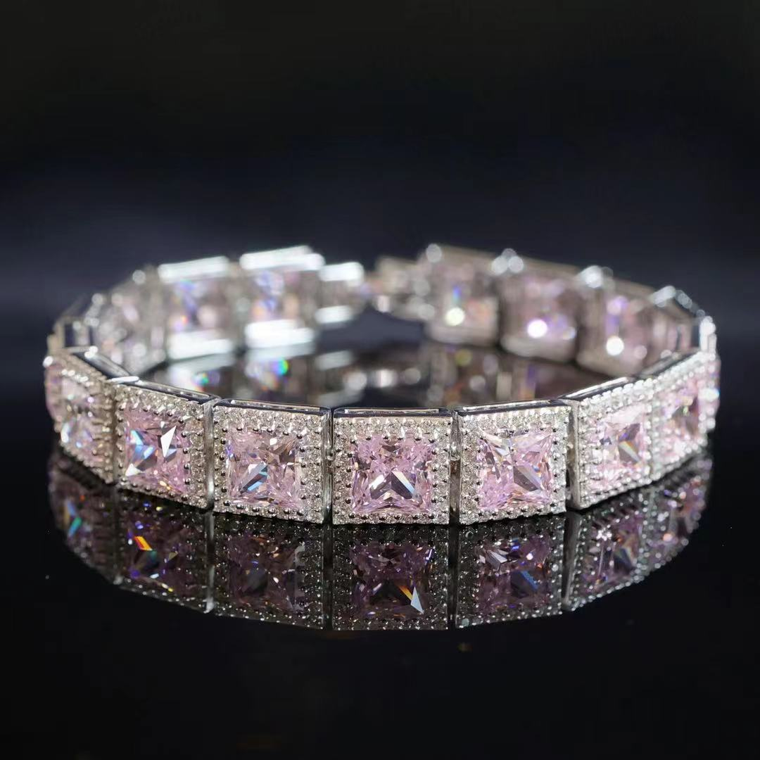 Only 1 piece Micro-setting Light pink diamond color lab created stones princess cut fully studded bracelet, sterling silver