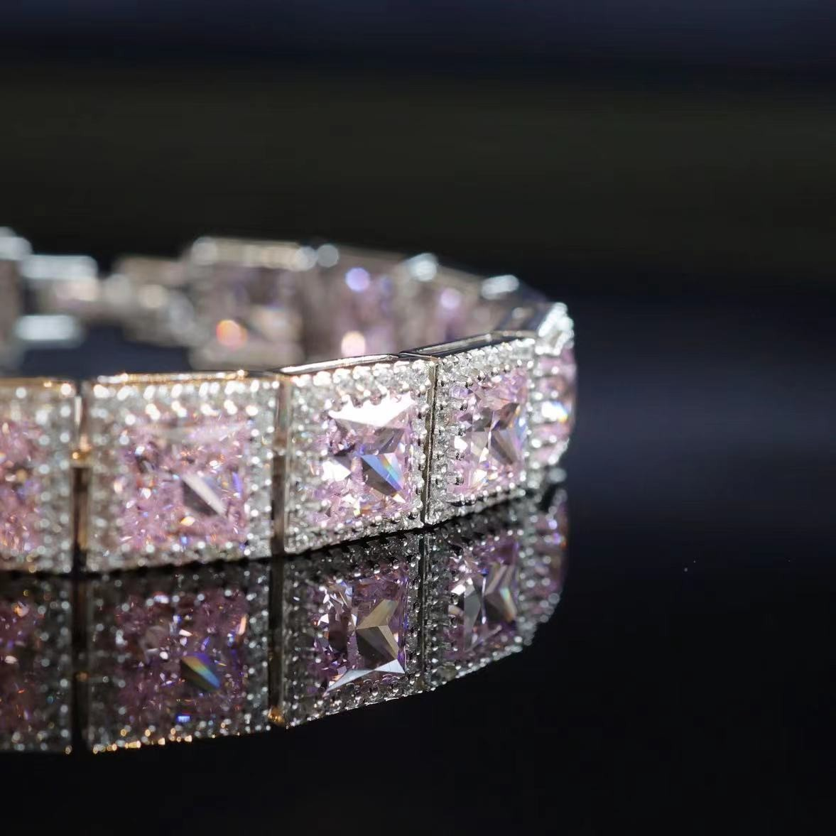 Only 1 piece Micro-setting Light pink diamond color lab created stones princess cut fully studded bracelet, sterling silver