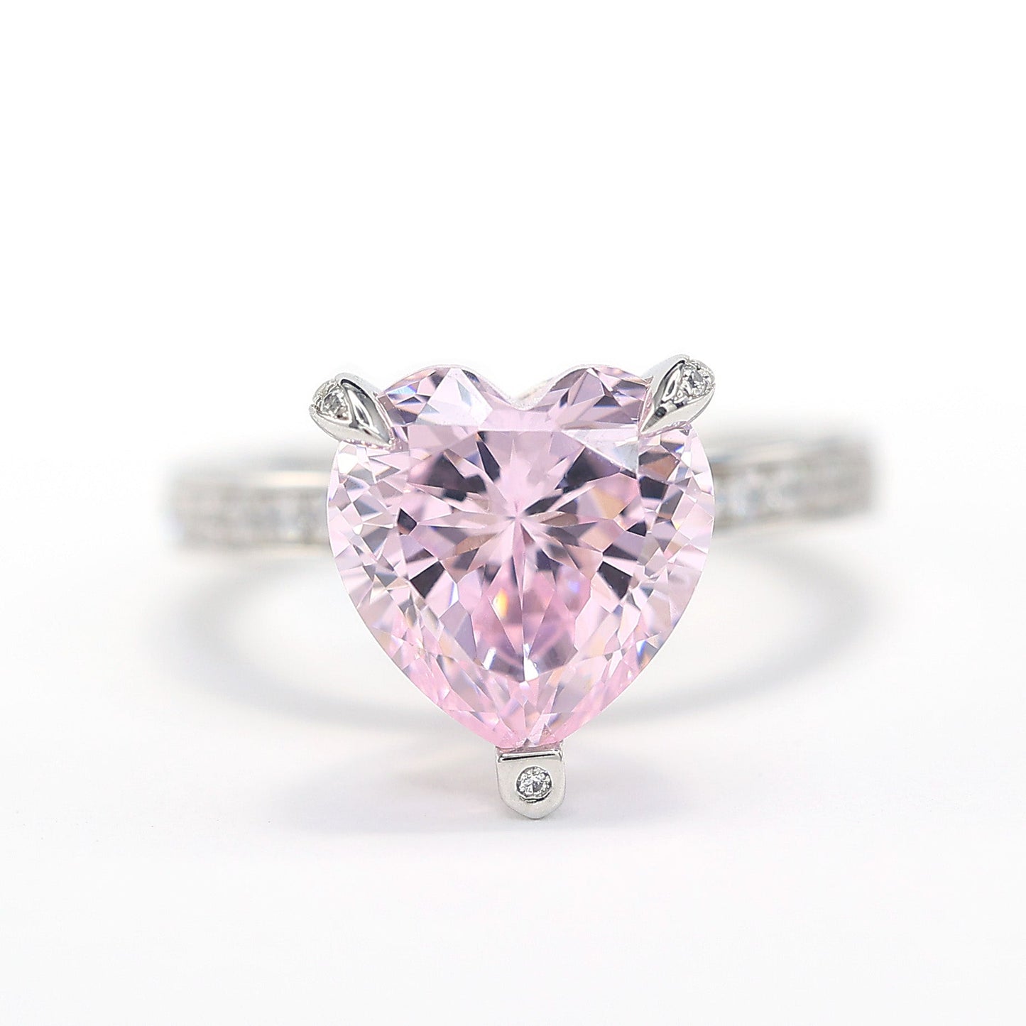 Micro-setting Pink diamond color Lab created stones detailed heart shape ring, sterling silver