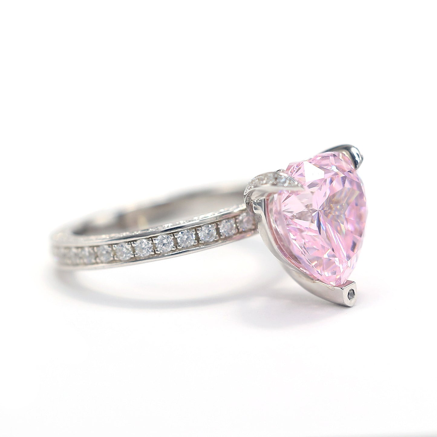 Micro-setting Pink diamond color Lab created stones detailed heart shape ring, sterling silver