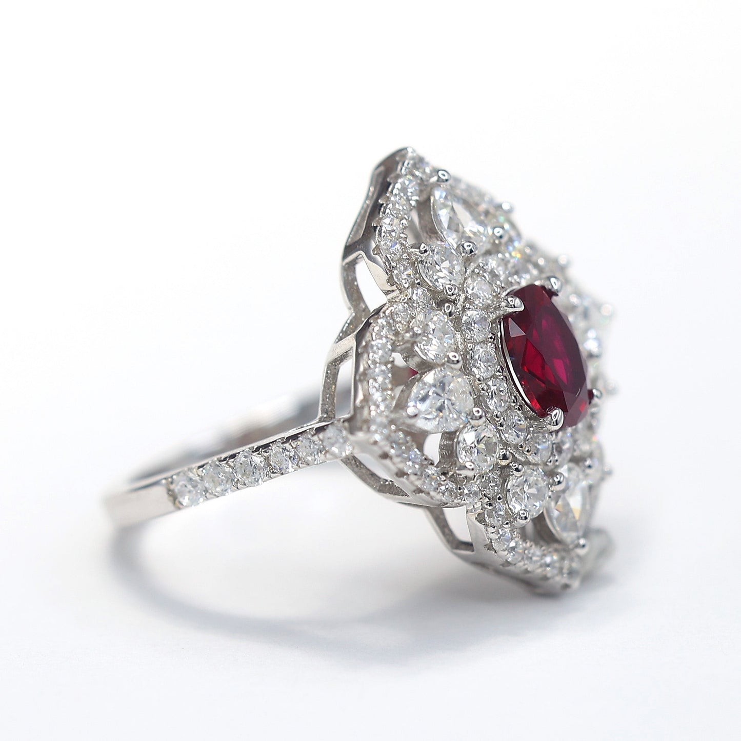 Micro-setting ruby color lab created stones fancy Four Leaf Clover ring, sterling silver