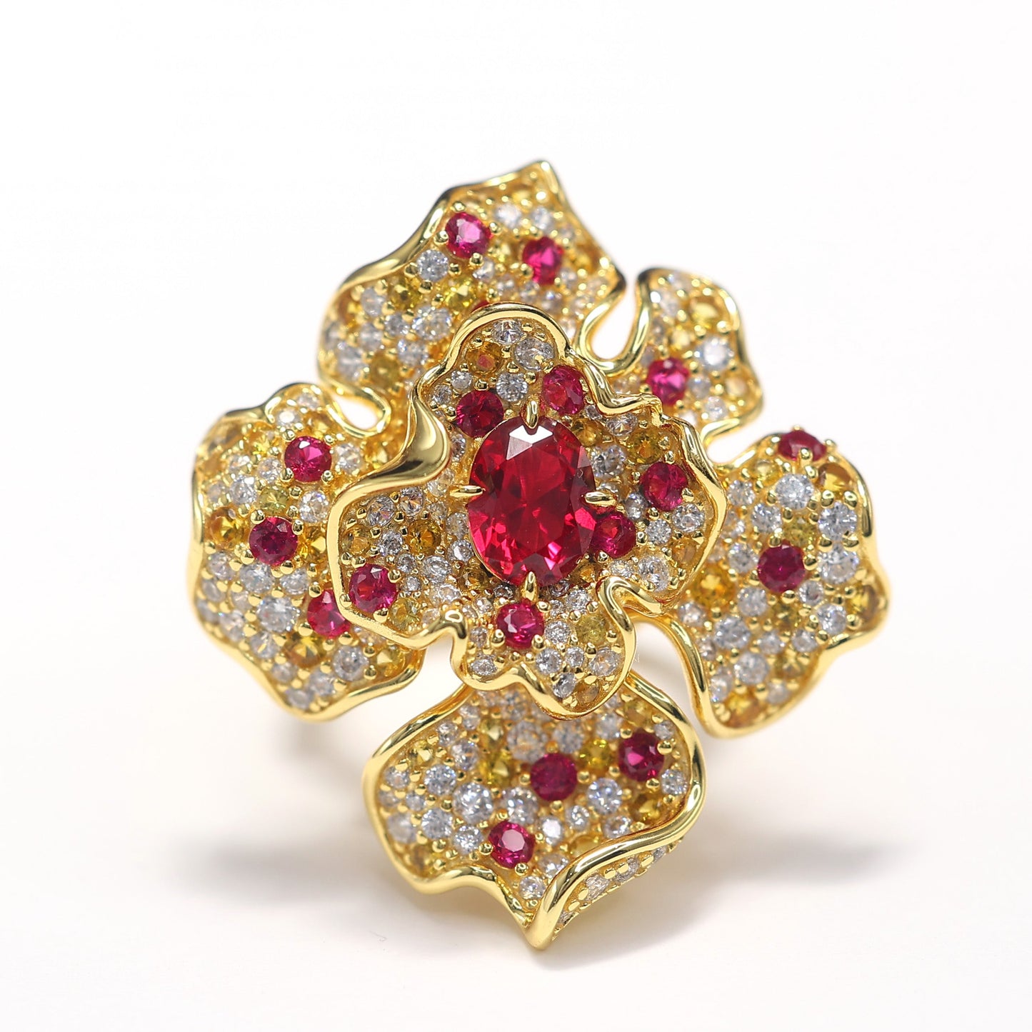 Micro-setting ruby color  Lab created stones artistic flower ring, sterling silver