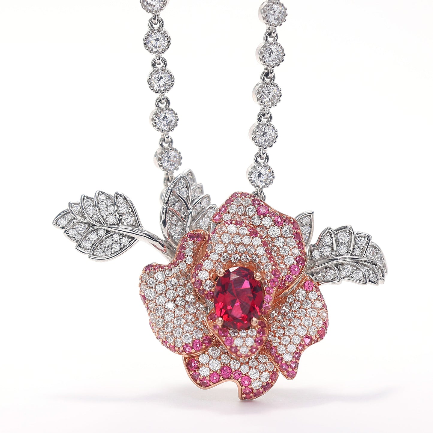 Micro-setting Ruby color Bubble chain flower necklace, sterling silver.