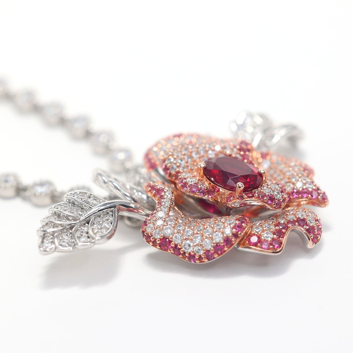 Micro-setting Ruby color Bubble chain flower necklace, sterling silver.