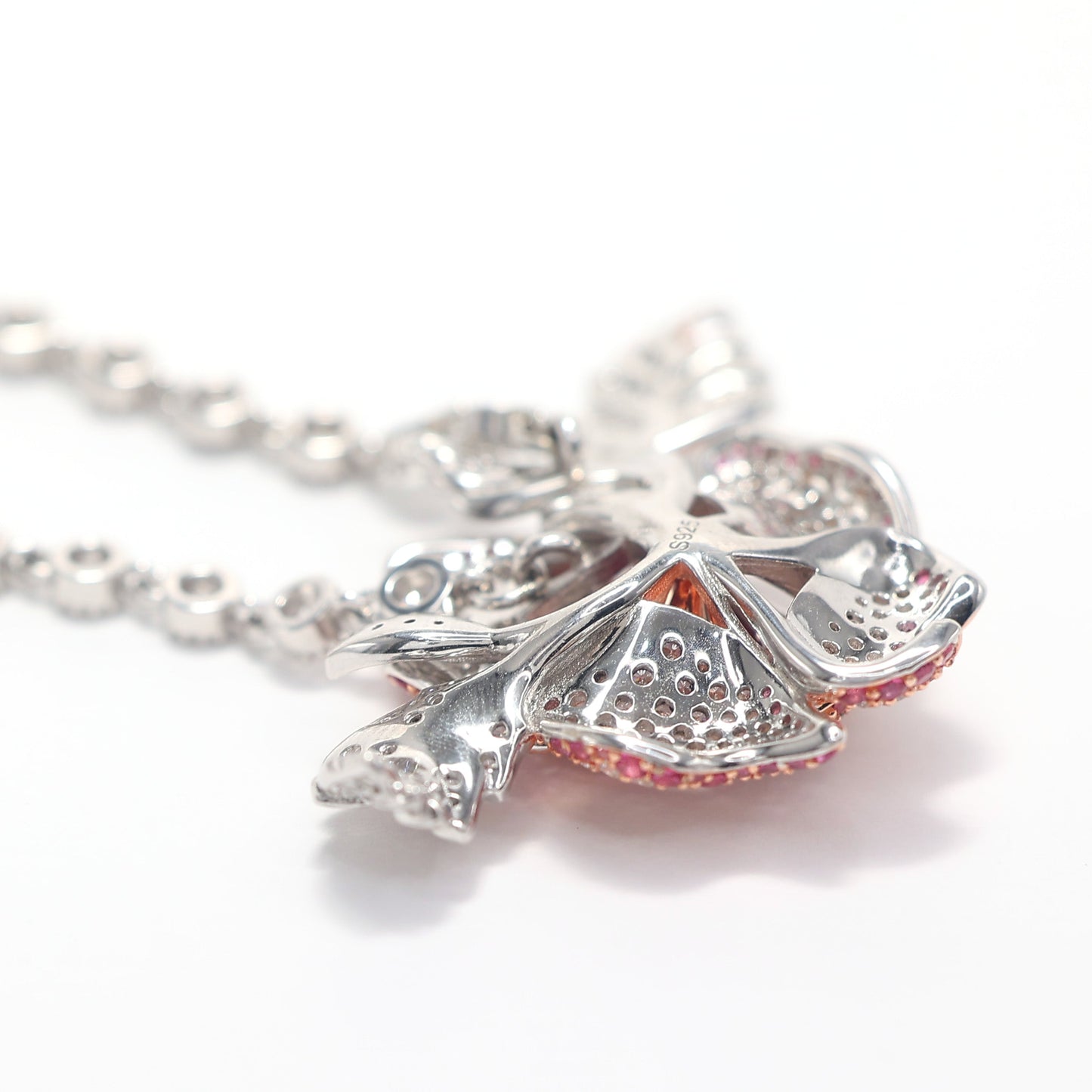 Micro-setting Ruby color Bubble chain flower necklace, sterling silver.