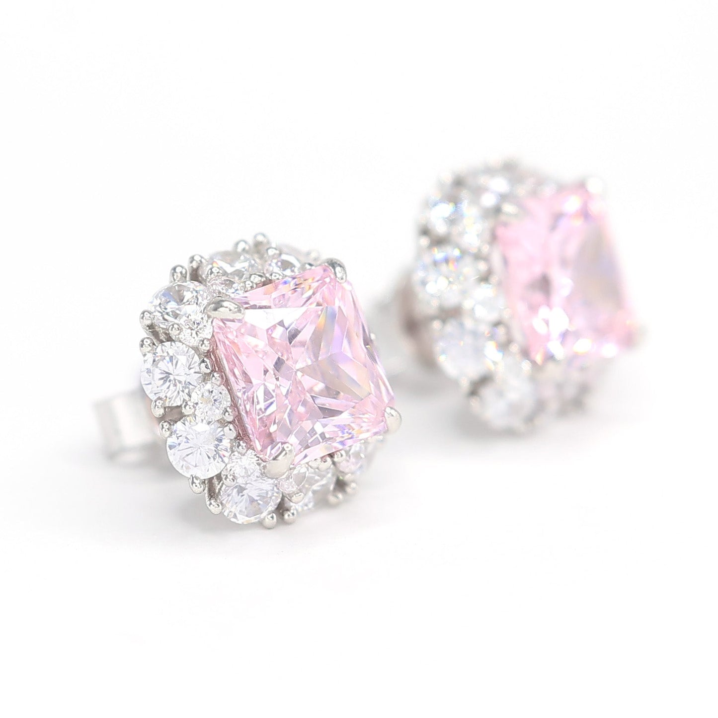 Special offer Micro-setting light pink diamond color princess cut square shape earrings. sterling silver