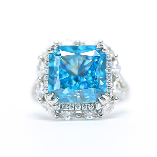 Micro-setting Aquamarine color 8 prong ring, sterling silver. (10 carat)