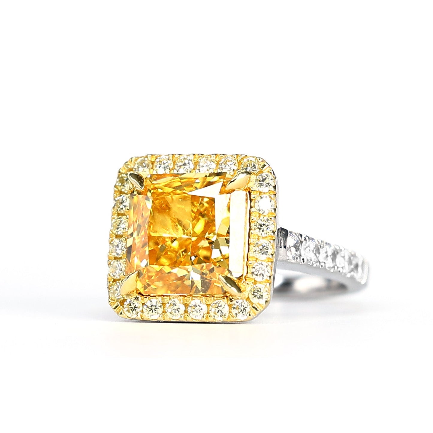 Micro-setting yellow diamond color Lab created stones double platting glittering ring, sterling silver