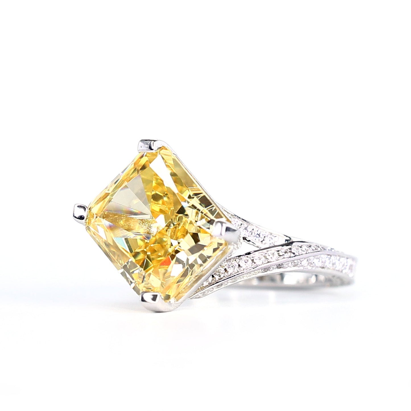 Micro-setting yellow diamond color Lab created stones Baguette ring, sterling silver . (8 carat)