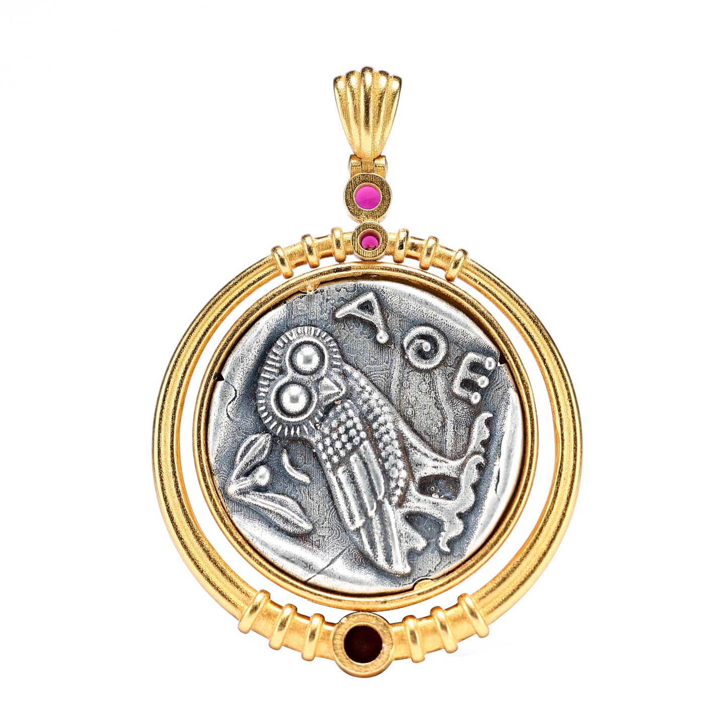 Micro-setting Ruby color two-sided ancient coins Goddess of wisdom Athena necklace, sterling silver