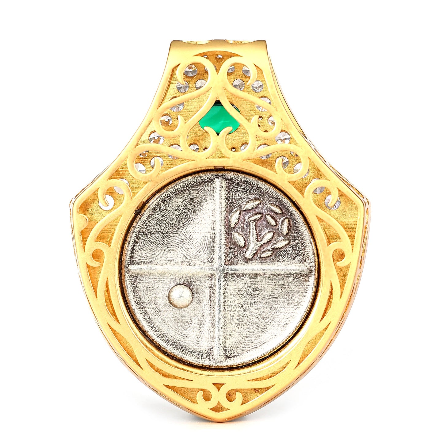 Micro-setting two-sided ancient coin Lab created stones Look back Lion The shield pendant, sterling silver