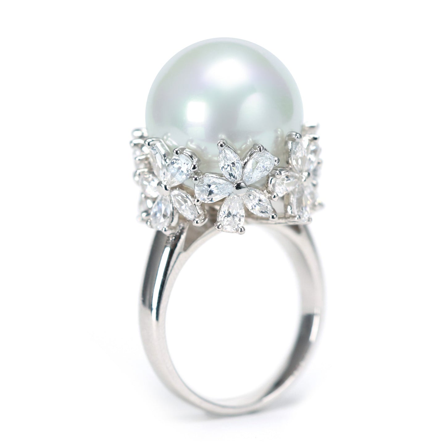 Micro-setting Lab created stones White Shell pearl fancy flower Ring，sterling silver