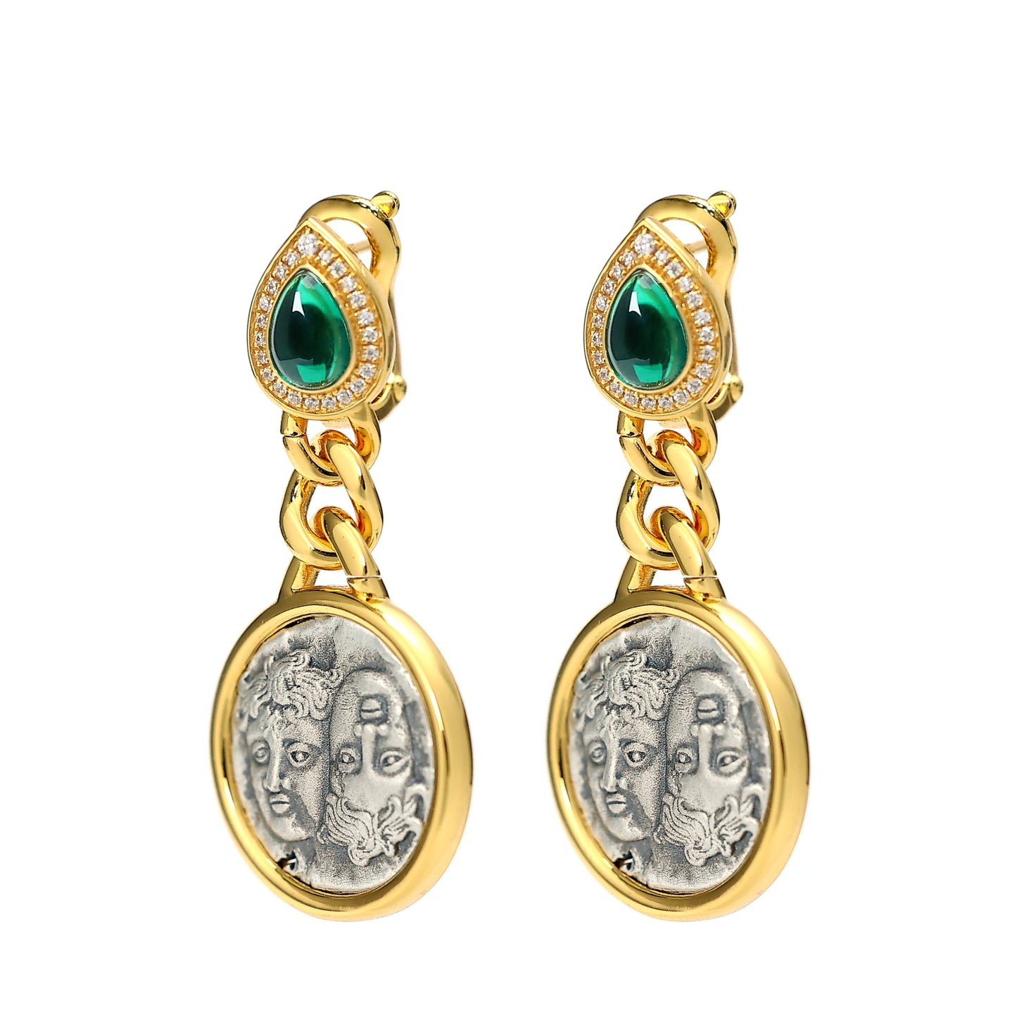 Micro-setting two-sided ancient coin Lab created stones Moses Gemini earrings, sterling silver.