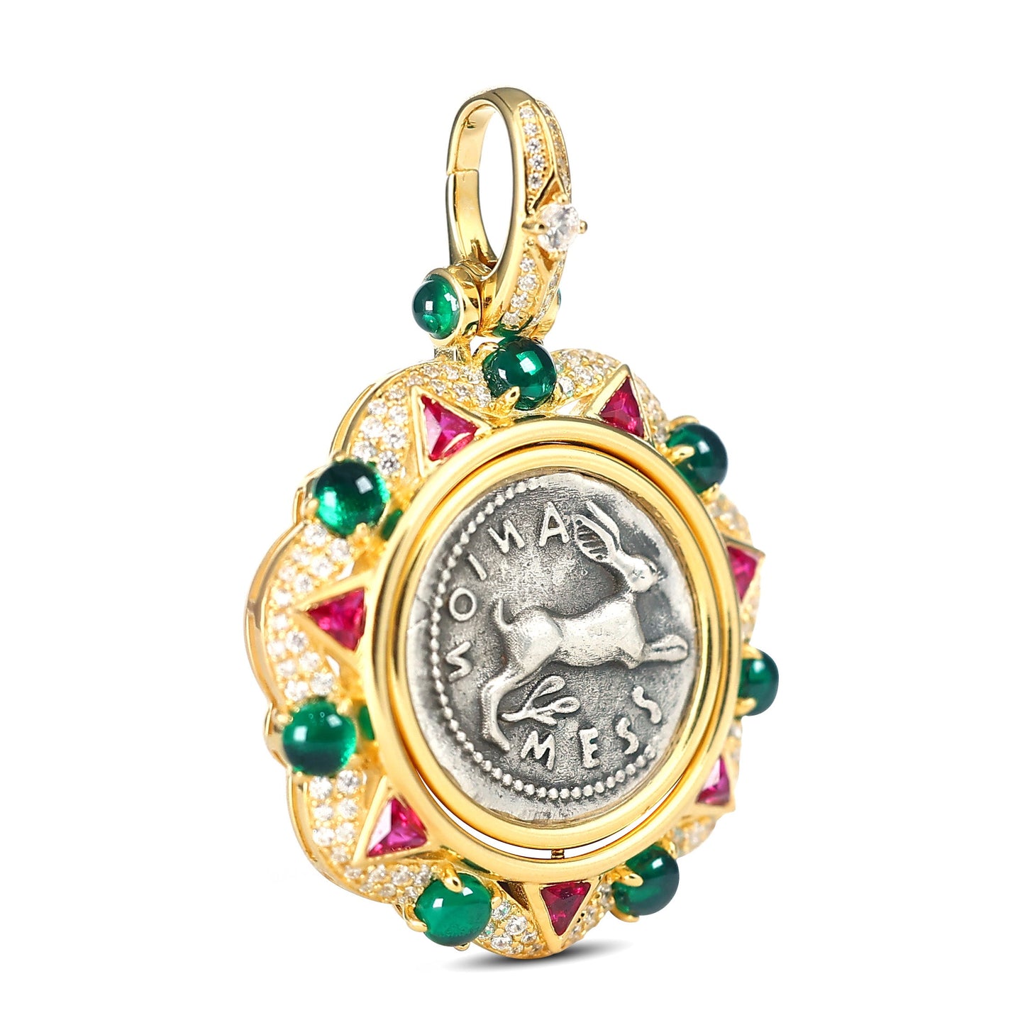 Micro-setting two-sided ancient coin Peter rabbit rotate pendant, sterling silver.