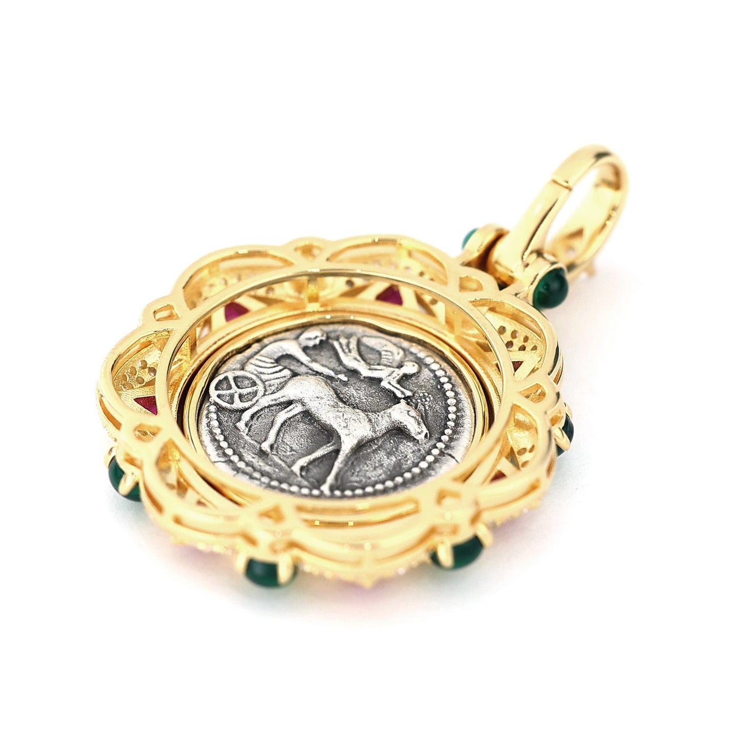 Micro-setting two-sided ancient coin Peter rabbit rotate pendant, sterling silver.