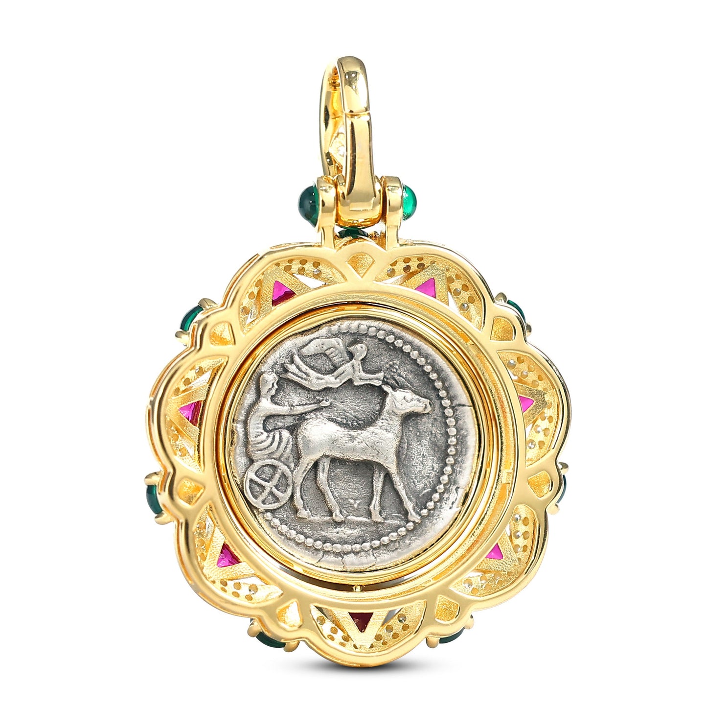 Micro-setting two-sided ancient coin Peter rabbit rotate pendant, sterling silver.