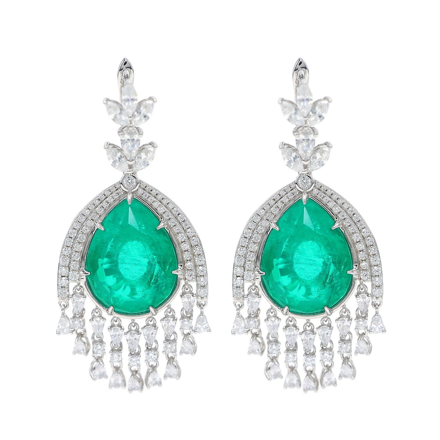 Micro-setting emerald color fancy waterdrop earrings, sterling silver