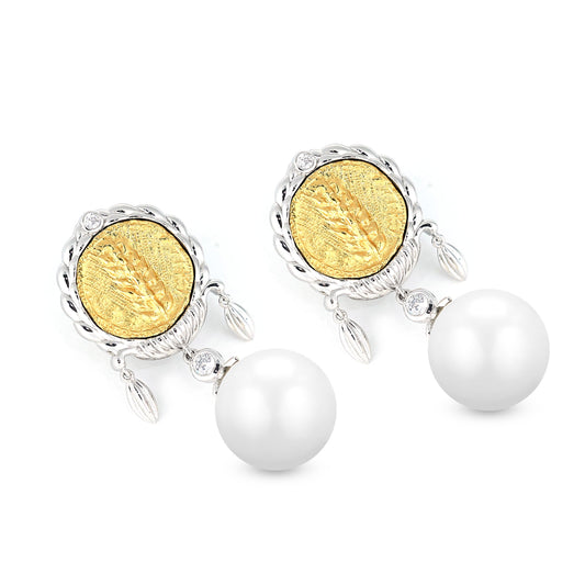 Micro-setting two-sided ancient coin White shell pearl grain earrings, sterling silver.