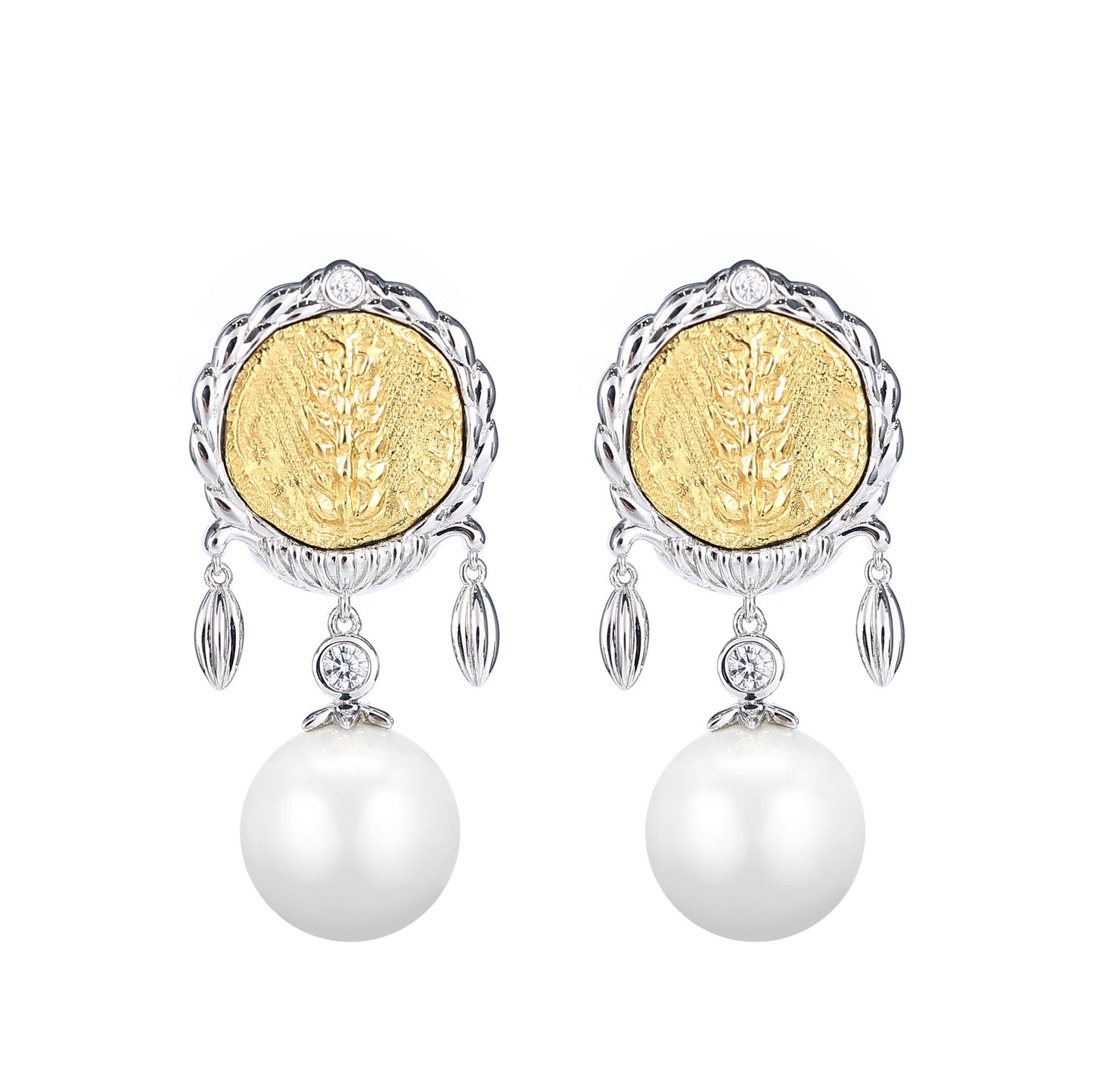 Micro-setting two-sided ancient coin White shell pearl grain earrings, sterling silver.