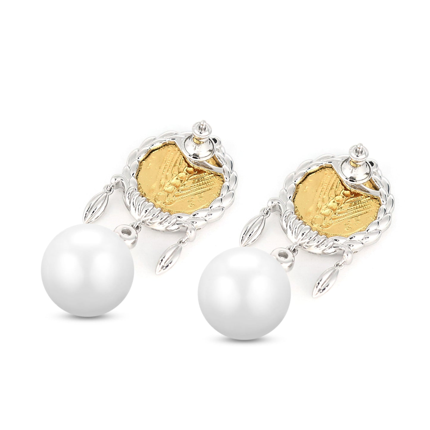 Micro-setting two-sided ancient coin White shell pearl grain earrings, sterling silver.