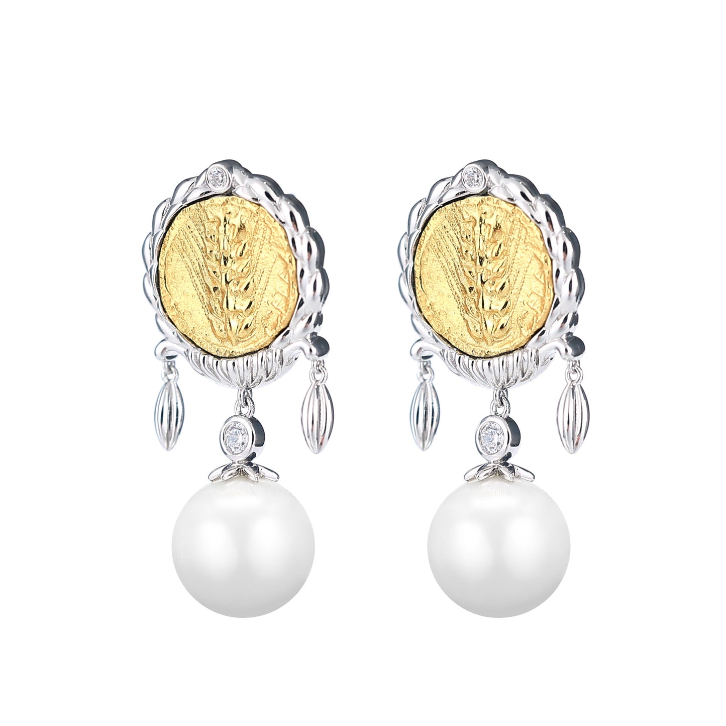 Micro-setting two-sided ancient coin White shell pearl grain earrings, sterling silver.