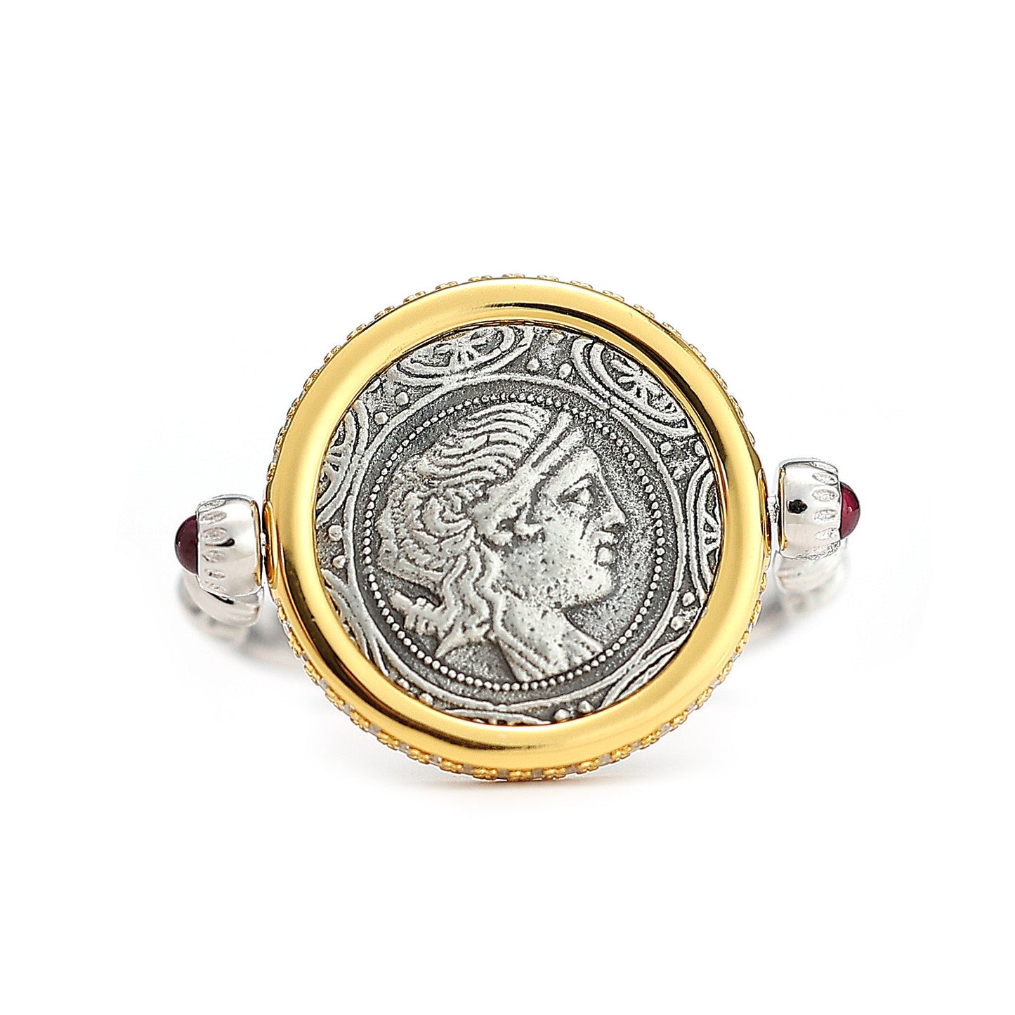 Micro-setting two-sided ancient coin Lab created stones Goddess of the Moon Artemis rotate ring, sterling silver