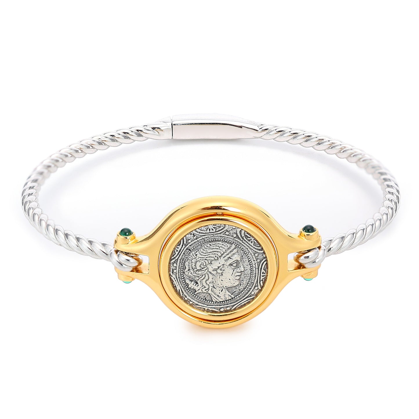 Micro-setting two-sided ancient coin Lab created stones Goddess of the Moon Artemis bangle, sterling silver.  double platting