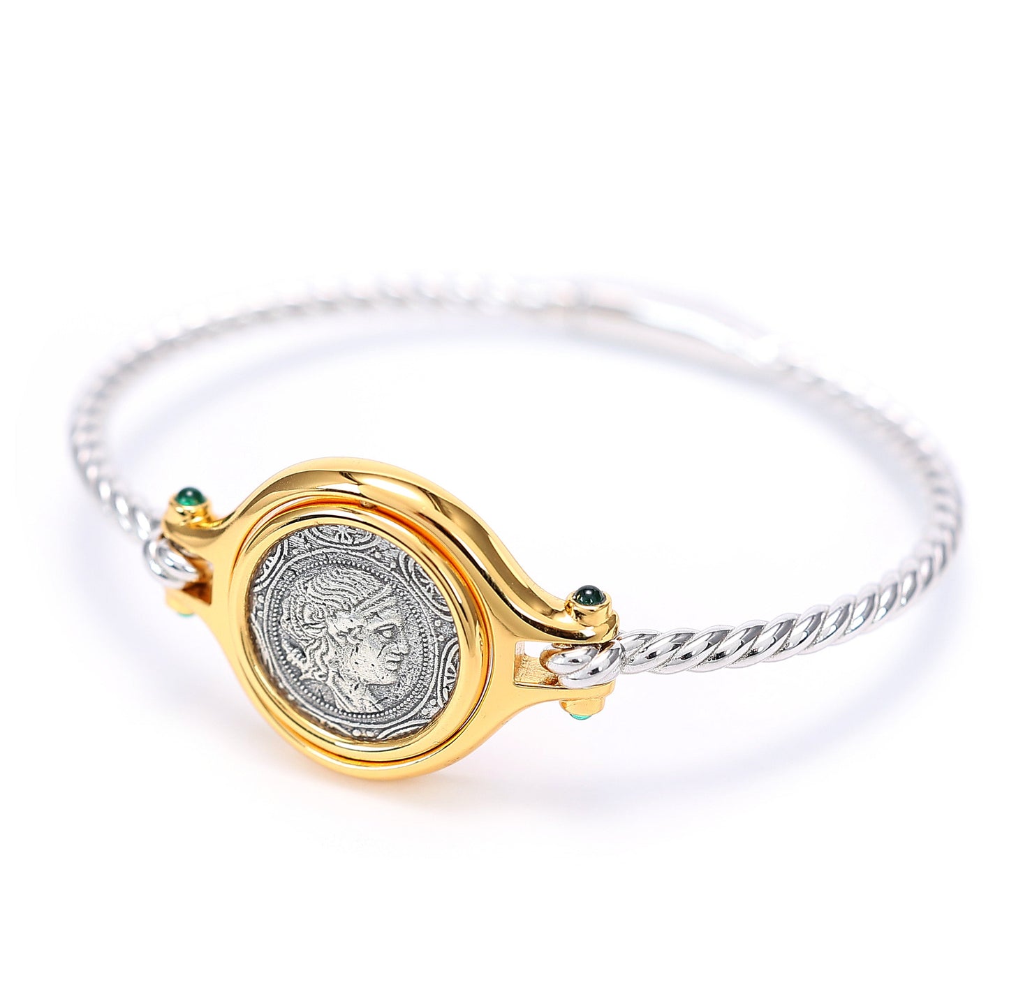 Micro-setting two-sided ancient coin Lab created stones Goddess of the Moon Artemis bangle, sterling silver.  double platting