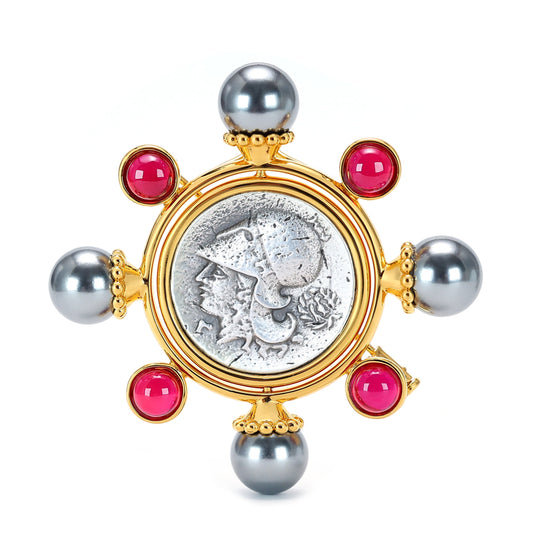 Multipurpose Micro-setting Ruby color Lab created stones two-sided ancient coins rotate Athena pendant and brooch, sterling silver