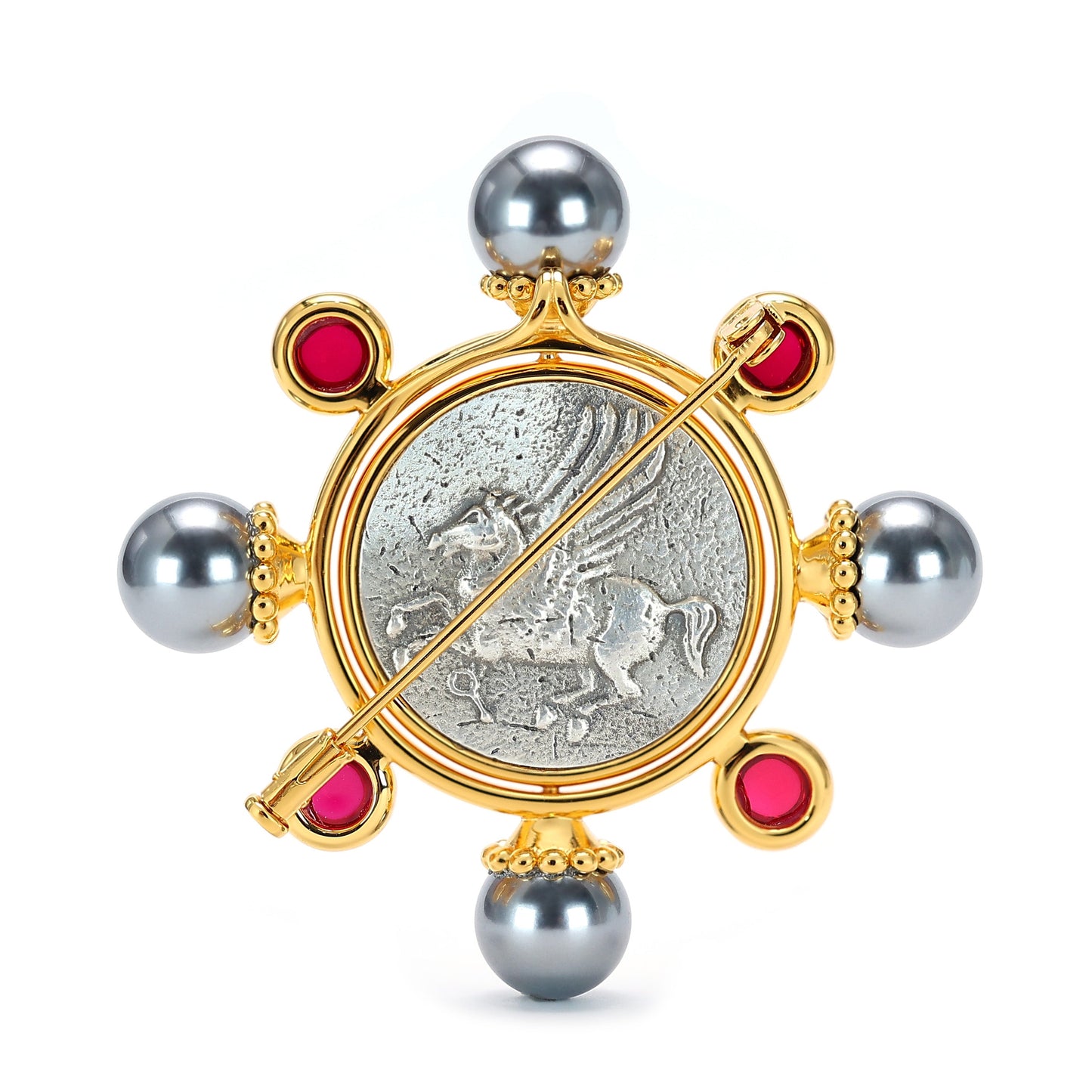 Multipurpose Micro-setting Ruby color Lab created stones two-sided ancient coins rotate Athena pendant and brooch, sterling silver