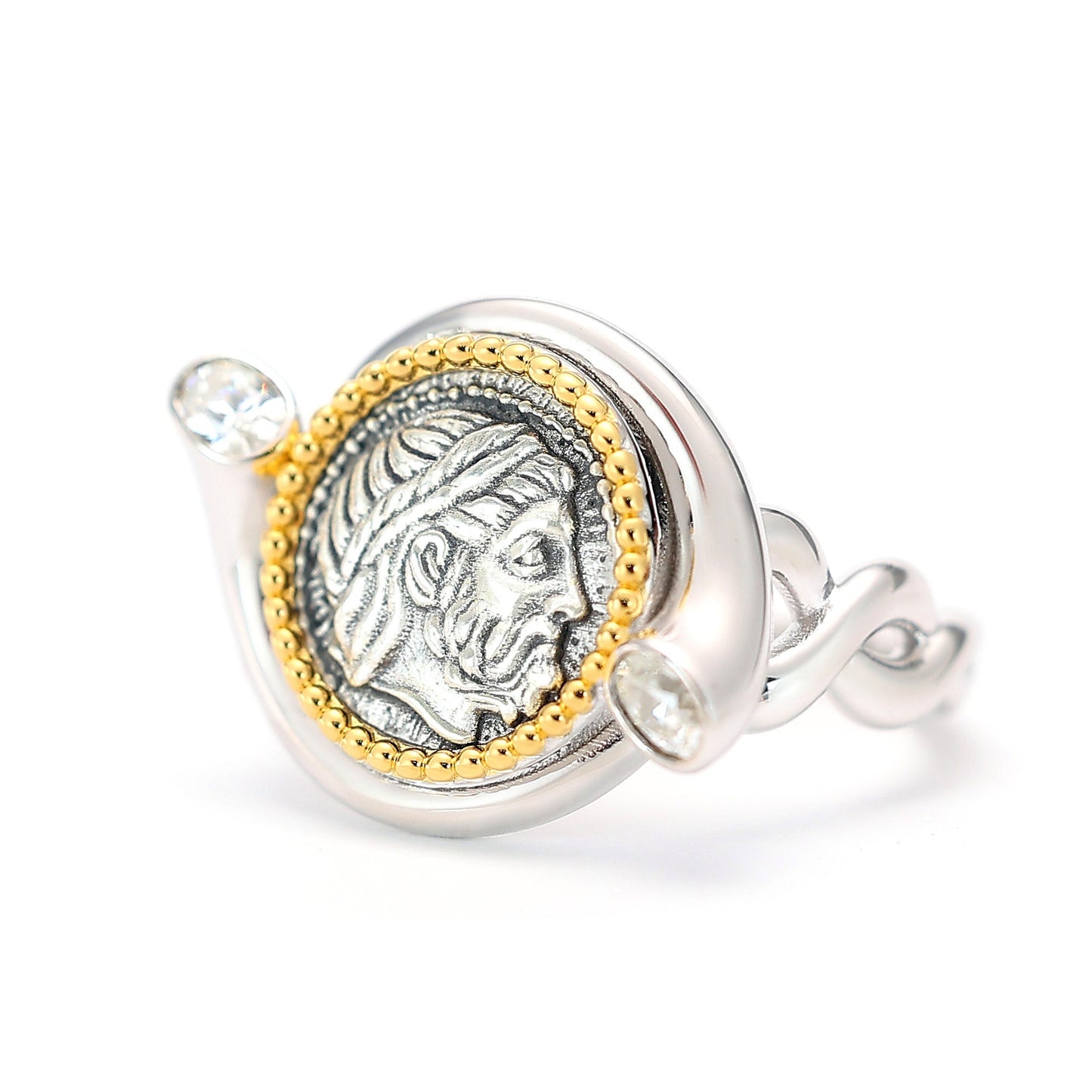 Micro-setting two-sided ancient coin the king of the gods Zeus ring, sterling silver