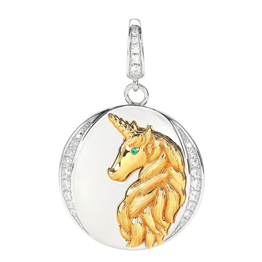 Micro-setting ancient coins selection Lab created stones The unicorn pendant, sterling silver. Double platting.