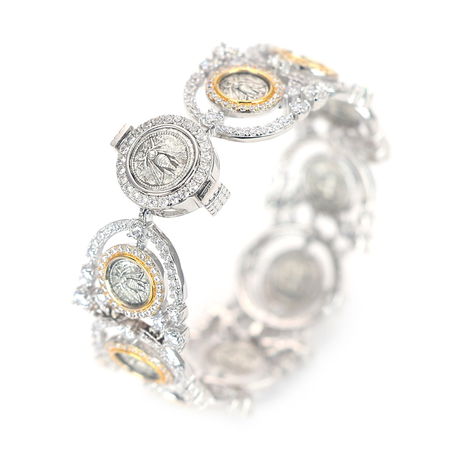 Micro-setting Lab created stones two-sided ancient coins The Bee Ares bracelet, sterling silver. Double platting