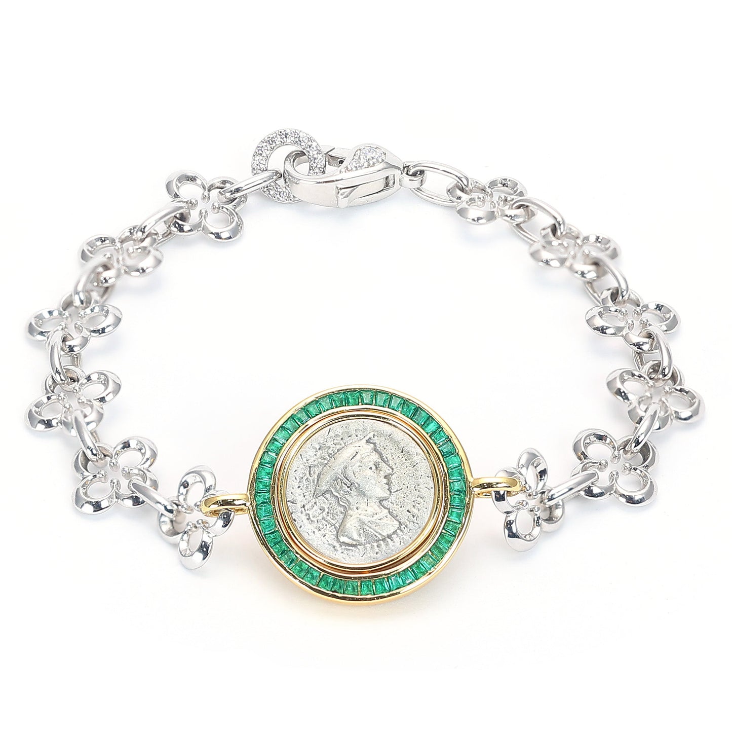 Micro-setting two-sided ancient coin Man Hermes bracelet, sterling silver