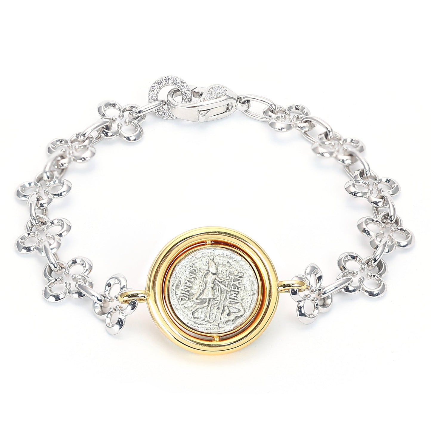 Micro-setting two-sided ancient coin Man Hermes bracelet, sterling silver