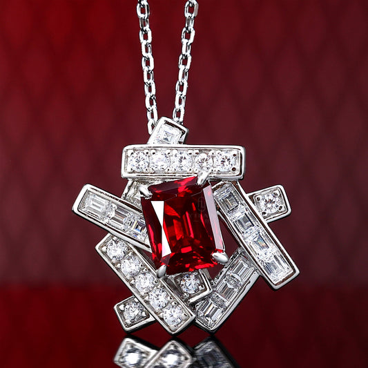 Sepcial offer Micro-setting Ruby color Lab created stones Edges and corners  irregular necklace, sterling silver