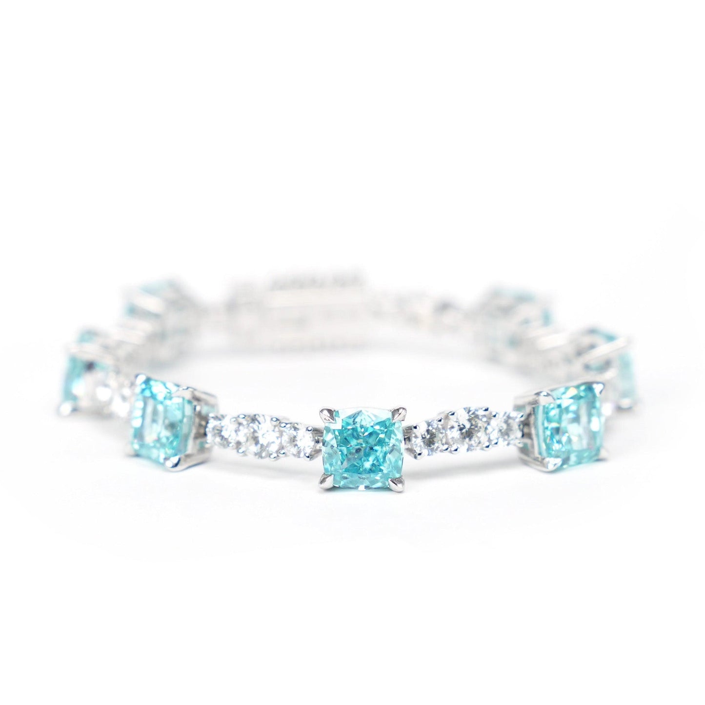 Micro-setting Aquamarine color Lab created stones The city of the sky bracelet, sterling silver.