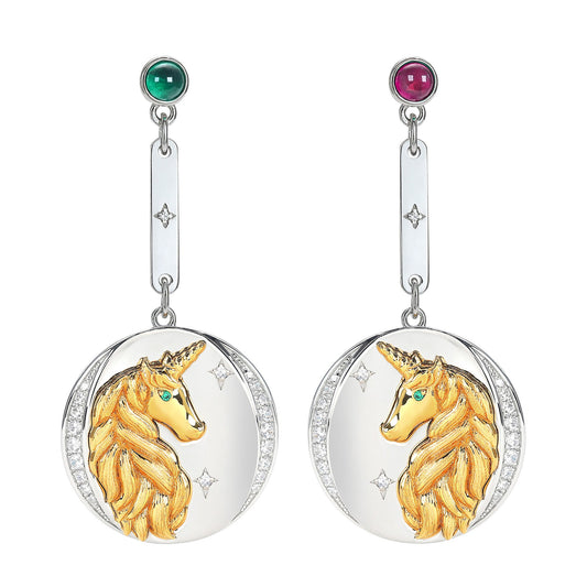 Micro-setting ancient coins selection Lab created stones The unicorn earrings, sterling silver. Double platting.