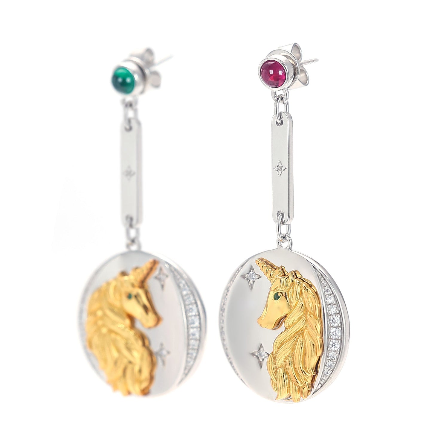 Micro-setting ancient coins selection Lab created stones The unicorn earrings, sterling silver. Double platting.