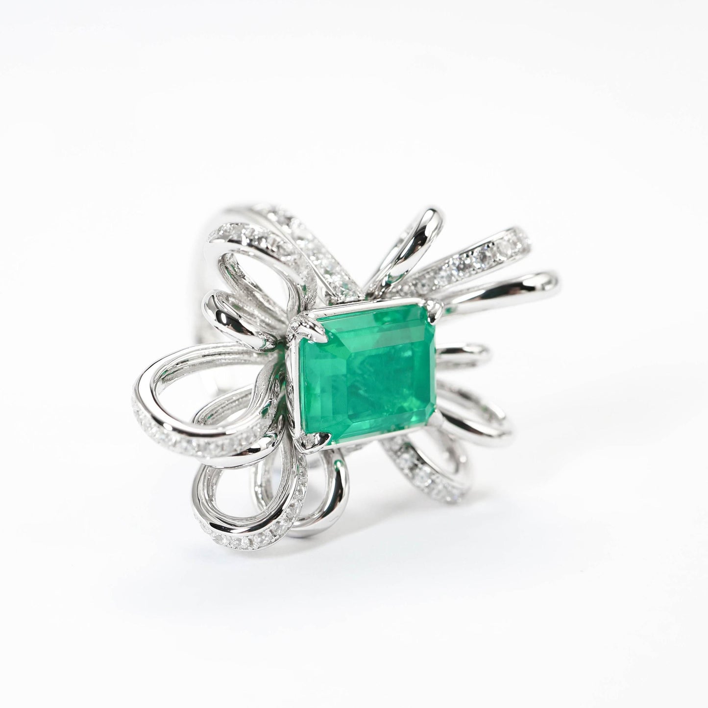 Micro-setting Emerald color Lab created stones fancy bow ring, sterling silver