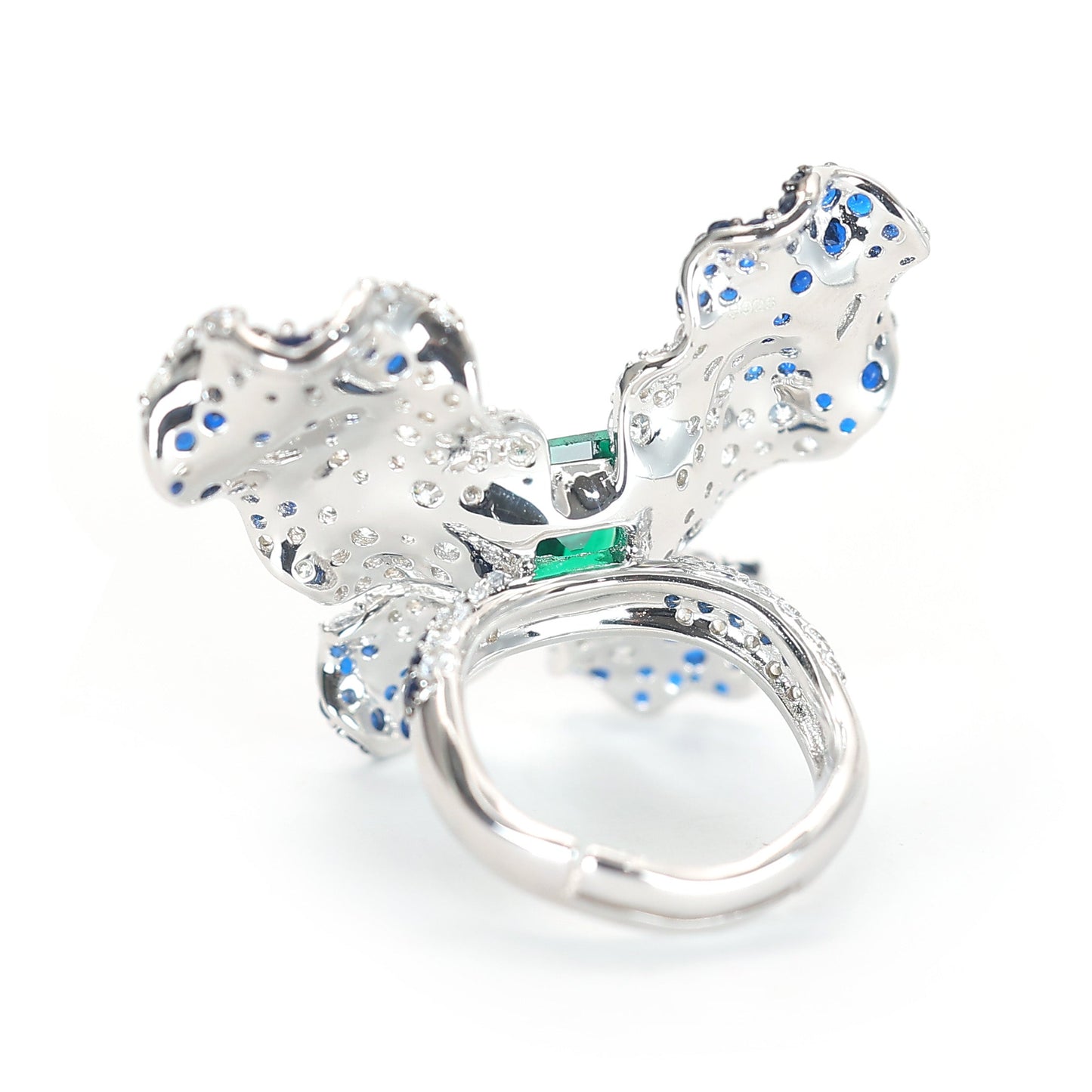 ONLY 1 Micro-setting Emerald and mixed diamond color Lab created stones fancy butterfly ring, sterling silver